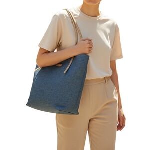 Lancome Paris Duffle Shoulder Bag Blue Gold Metallic Fibers Adj Strap Travel Bag